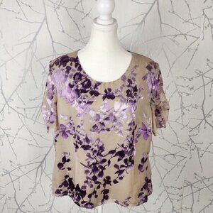 Jacques Vert Beige Lavender Floral Velvet Burnout Silk Blend Top